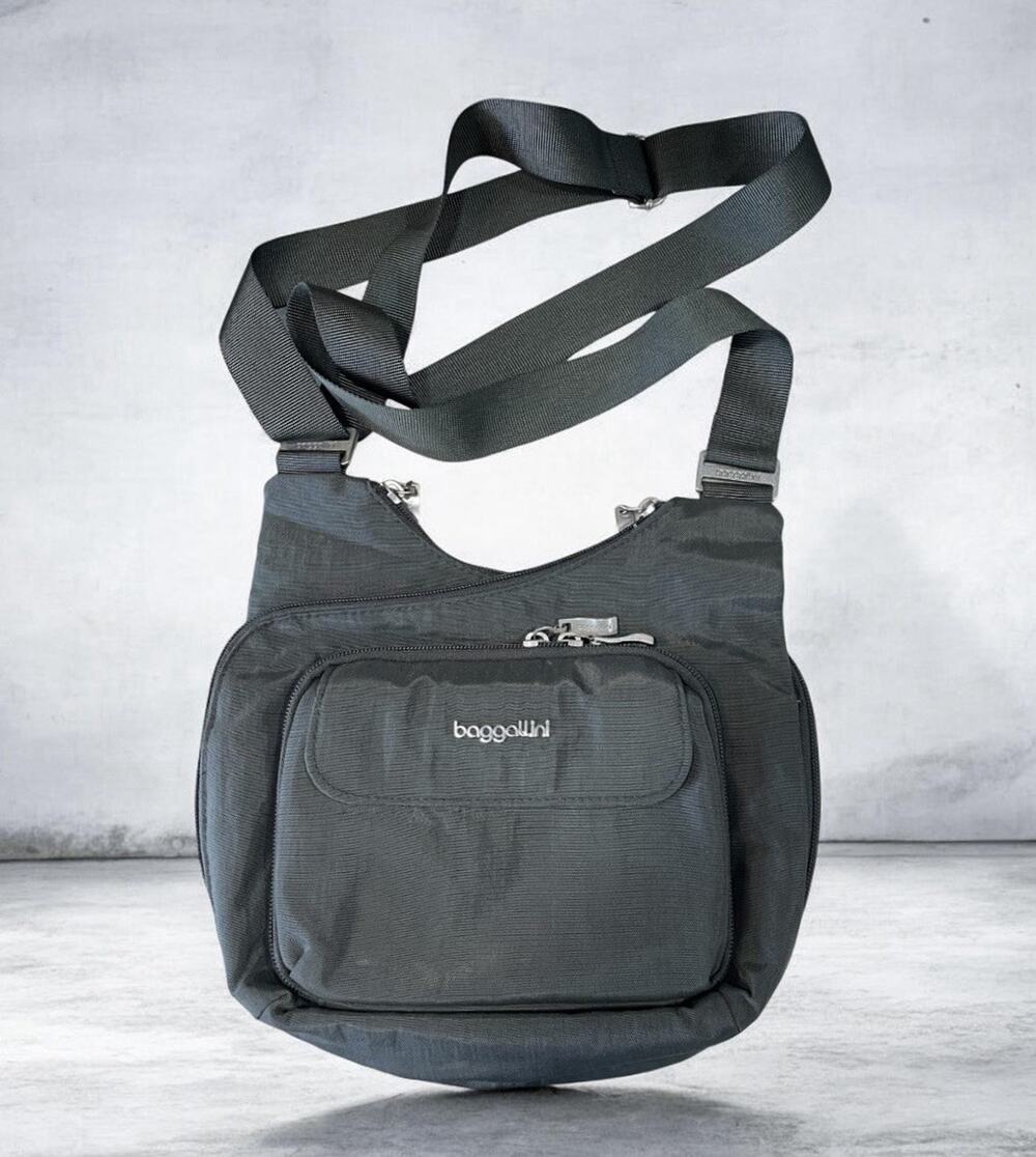 BAGGALLINI Criss Cross Crossbody Bag Purse Charcoal Gray Purple Interior EUC
